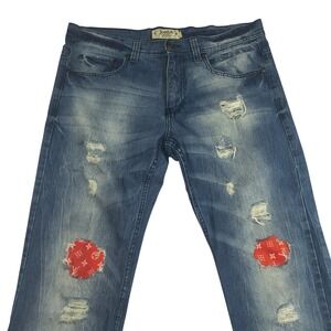 Jeanius by Akademiks Mens Distressed Custom Patch Jeans Blue Size 36x32